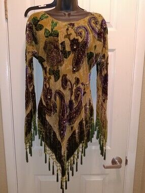 Ania A Burnout Velvet Fringe Tunic Sheer Beaded- Gold Green Purple **PRICE FIRM!